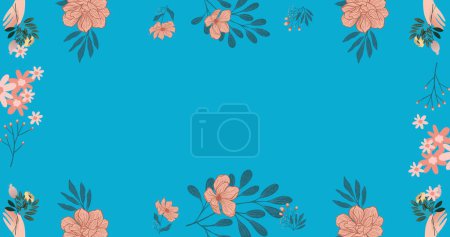 Image of flowers moving in hypnotic motion with copy space on blue background. colour, nature, pattern and movement concept digitally generated image.