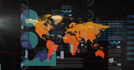 Photo for Image of graphs, data and world map on black digital screen. Global data processing, finance and digital interface concept digitally generated image. - Royalty Free Image