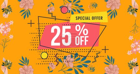 Image of 25 percent off text over flowers moving in hypnotic motion. retail, sales and savings concept digitally generated image.