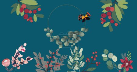 Image of flowers and butterfly moving in hypnotic motion on blue background. colour, nature, pattern and movement concept digitally generated image.