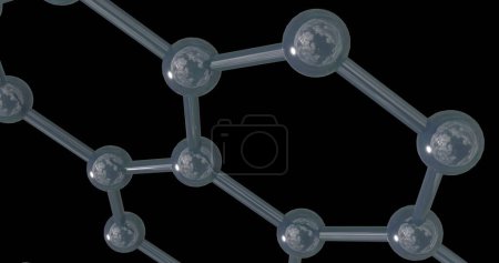Bild eines 3D-Mikronetzwerks von Molekülen auf schwarzem Hintergrund. Globales Wissenschafts-, Forschungs- und Verbindungskonzept digital generiertes Bild.