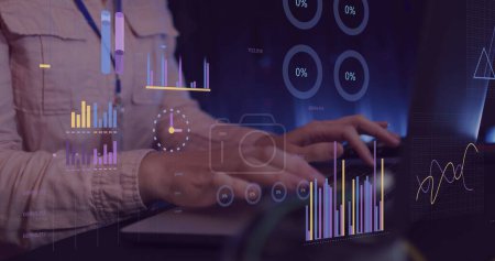 Image of financial data processing over businesswoman using computer. Global business, finances, computing and data processing concept digitally generated image.