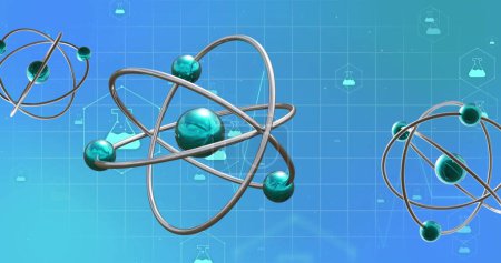 Image of chemistry icons and atoms on blue background. Global science, research and connections concept digitally generated image.