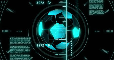 Image of scope scanning and data processing over digital football. Global sport and digital interface concept digitally generated image.