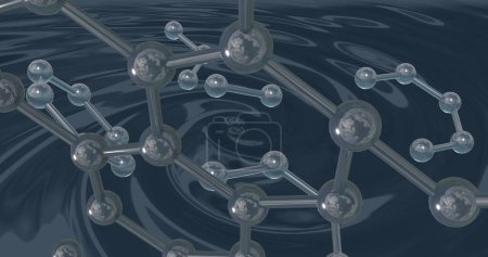 Bild von 3D-Mikro von Molekülen auf schwarzem Hintergrund. Globales Wissenschafts-, Forschungs- und Verbindungskonzept digital generiertes Bild.