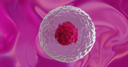 Image of micro of red and pink cells over pink background. Global science, research and medicine concept digitally generated image.