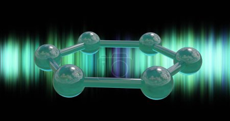 Image of 3d micro of molecules over green light trails on black background. Global science, research and connections concept digitally generated image.