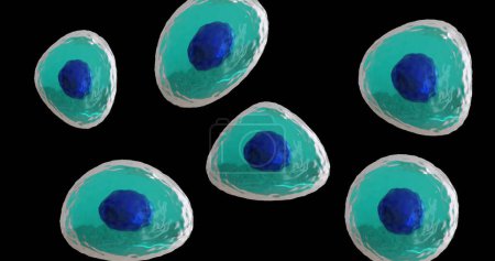 Image of micro of blue and turquoise cells on black background. Global science, research and medicine concept digitally generated image.