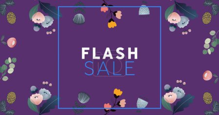 Image of flash sale text over flowers moving in hypnotic motion on purple background. retail, sales and savings concept digitally generated image.