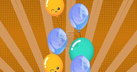 Image of colorful balloons flying over yellow background. party and celebration concept digitally generated image.