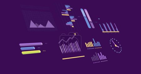 Image of statistics and financial data processing over purple background. Global business, finances, computing and data processing concept digitally generated image.