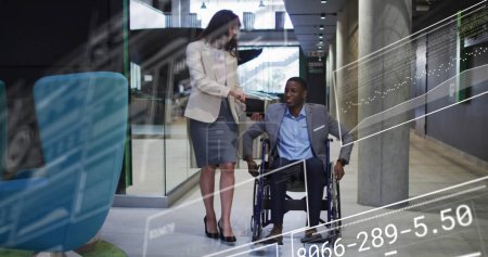 Photo for Image of data processing over disabled african american man with caucasian business colleague. International day of persons with disabilities concept digitally generated image. - Royalty Free Image