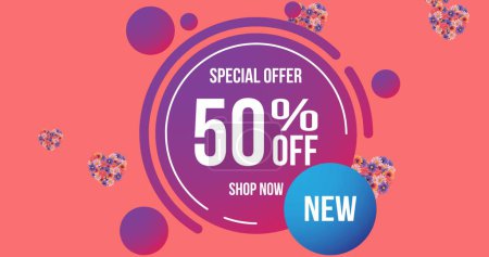 Photo for Image of special offer 50 percent off text over flowers moving in hypnotic motion. retail, sales and savings concept digitally generated image. - Royalty Free Image