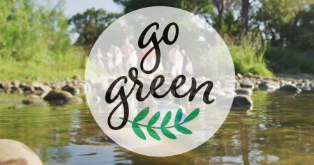 Photo for Image of go green text and logo over diverse group collecting rubbish in countryside. eco conservation volunteer month digitally image. - Royalty Free Image