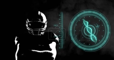 Image of scope scanning and data processing over african american male american football player.