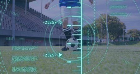 Image of scope scanning and data processing over caucasian man playing football. Global sport and digital interface concept digitally generated image.