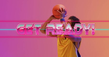Image of get ready text over neon pattern and biracial basketball player.