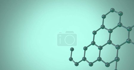 Image of 3d micro of molecules on green background. Global science, connections, computing, digital interface and data processing concept digitally generated image.