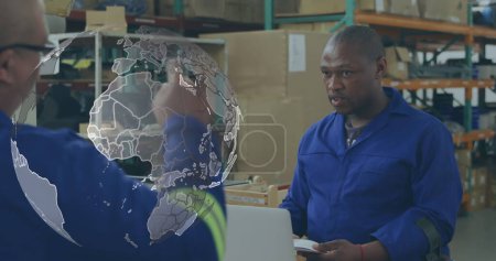 Photo for Image of globe over african american workers in warehouse. International day of persons with disabilities concept digitally generated image. - Royalty Free Image