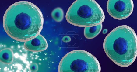 Photo for Image of micro of blue and turquoise cells on light spots on blue background. Global science, research and medicine concept digitally generated image. - Royalty Free Image
