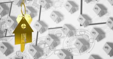 Téléchargez les photos : Image de clés de maison dorée et porte-clés en forme de maison accrochant plus de modèles de maison blanche 3d dans une rangée - en image libre de droit