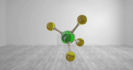 Image of micro of molecules model over grey background. Global science, research and connections concept digitally generated image.