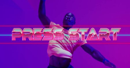 Image of press start text over neon pattern and african american basketball player. 