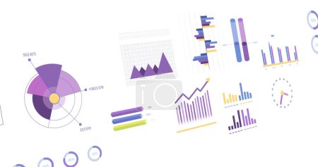 Photo for Image of statistics, graphs and financial data processing over white background. Global business, finances, computing and data processing concept digitally generated image. - Royalty Free Image