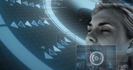 Image of digital interface with data processing over woman's face. digital interface, communication and technology concept digitally generated image.