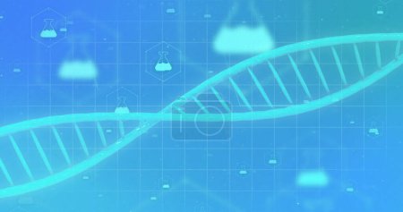 Foto de Imagen de micro 3d de la hebra de ADN y los iconos de química sobre fondo azul. Concepto de ciencia, investigación y conexiones globales imagen generada digitalmente. - Imagen libre de derechos