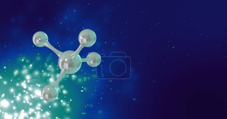 Image of micro of molecules models and light trails over blue background. Global science, research and connections concept digitally generated image.