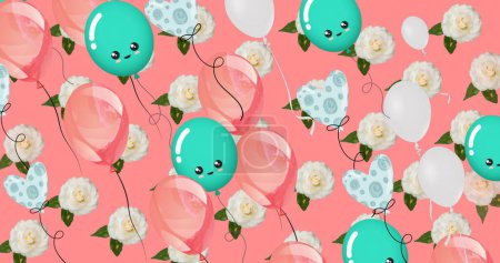 Photo for Image of colorful balloons flying and roses over pink background. party and celebration concept digitally generated image. - Royalty Free Image