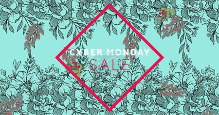 Bild des Cyber Monday Verkaufstextes in rotem Rahmen über Blumen, die sich in hypnotischer Bewegung bewegen. Einzelhandels-, Vertriebs- und Sparkonzept digital generiertes Image.