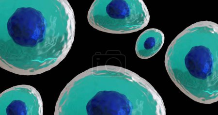 Image of micro of blue and turquoise cells on black background. Global science, research and medicine concept digitally generated image.