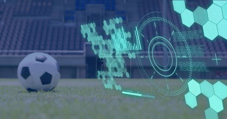 Image of scope scanning and data processing over football. Global sport and digital interface concept digitally generated image.