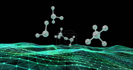 Image of 3d micro of molecules and green mesh on black background. Global science, research and connections concept digitally generated image.