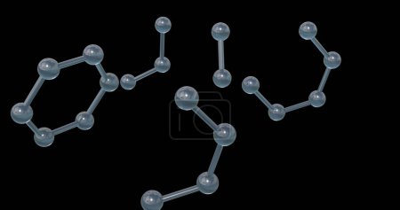 Image of 3d micro of network of molecules on black background. Global science, research and connections concept digitally generated image.