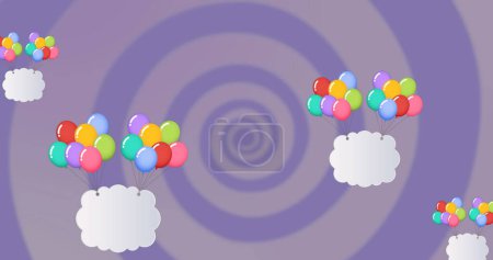 Image of colorful balloons flying with clouds over blue background. party and celebration concept digitally generated image.