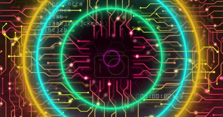 Photo for Image of neon circles, data processing over computer circuit board. Global data processing, digital interface and connections concept digitally generated image. - Royalty Free Image
