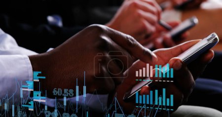 Photo for Image of financial data processing over diverse business people using smartphones at office. - Royalty Free Image
