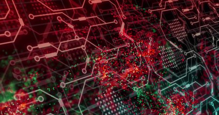 Photo for Image of red mesh, data processing over computer circuit board. Global online security, data processing, digital interface and connections concept digitally generated image. - Royalty Free Image