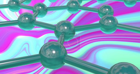Téléchargez les photos : Image de micro de molécules modèles sur fond vert et violet. Concept mondial de science, de recherche et de connexions image générée numériquement. - en image libre de droit