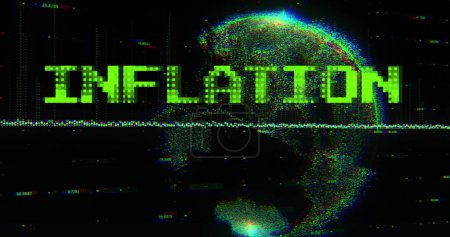 Image of inflation text in green over global communication network and processing data. Global business economy, stagnation, inflation and digital communication concept digitally generated image.