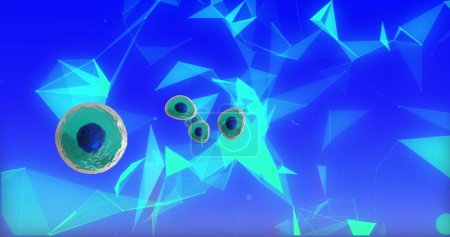 Foto de Imagen de micro de células azules y turquesas a través de la red sobre fondo azul. Concepto global de ciencia, investigación y medicina imagen generada digitalmente. - Imagen libre de derechos