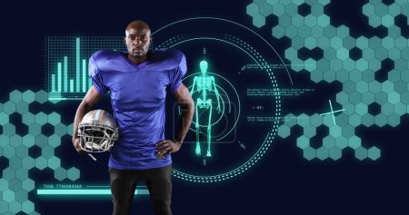 Image of scope scanning and data processing over african american male american football player. 