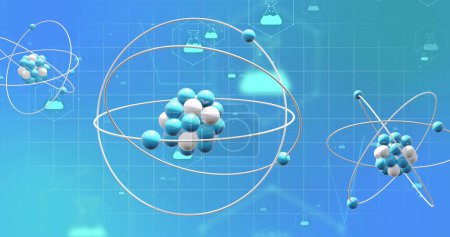 Bild von 3D-Mikro von Molekülen und Chemie-Symbolen auf blauem Hintergrund. Globales Wissenschafts-, Forschungs- und Verbindungskonzept digital generiertes Bild.