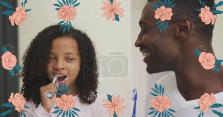 Foto de Imagen de flores sobre un feliz padre afroamericano y una hija cepillándose los dientes. vida familiar, infancia, amor y cuidado concepto de imagen generada digitalmente. - Imagen libre de derechos