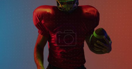 Image of neon shapes and data processing over american football player.