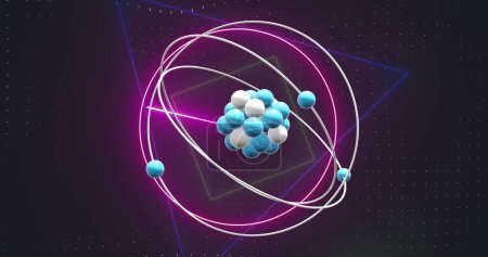 Image of micro of atom models and neon circles over black background. Global science, research and connections concept digitally generated image.