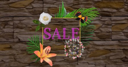 Image of sale text in neon letters in frame over flowers moving in hypnotic motion. retail, sales and savings concept digitally generated image.